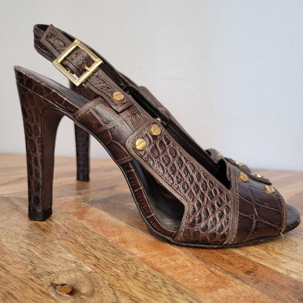 Tory Burch Sandals Shoes Heels Logo Brown Leather Gold Crocodile Print 7 1/2